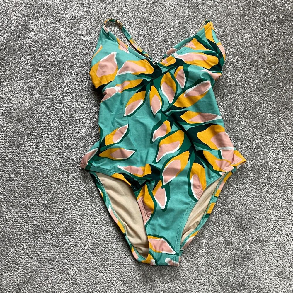 Kona Sol Swimsuit Women Small Green Multicolor Cross Back One Piece Bathing Suit